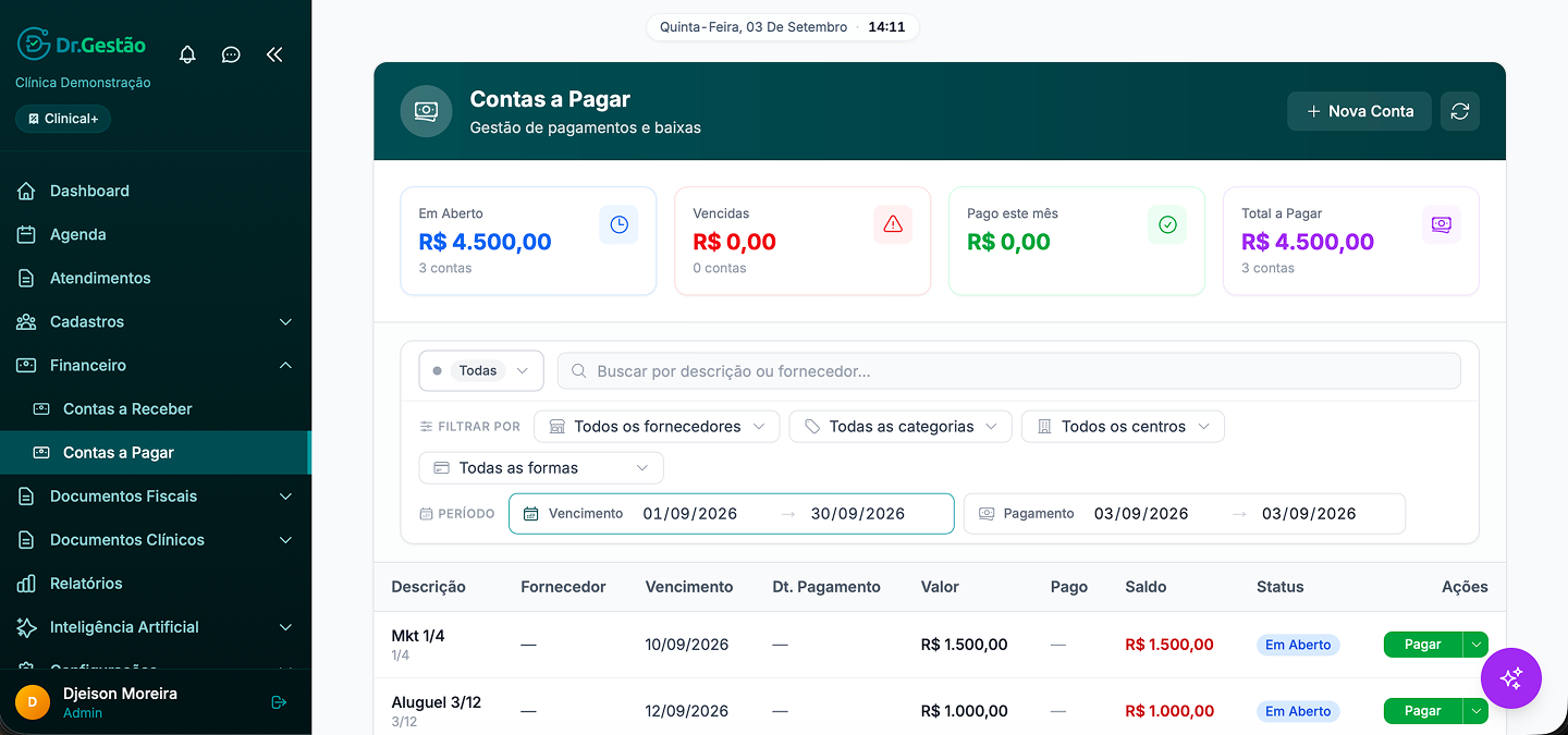 Tela de controle financeiro do Dr. Gestão