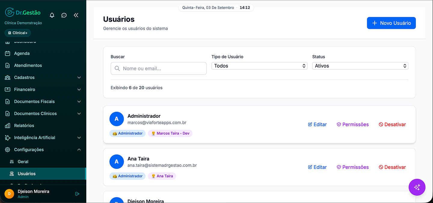 Tela de permissões por usuário do Dr. Gestão